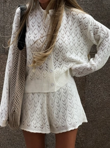 Women Knit Crochet Hollow Out Cardigan And Shorts Cotton Polyester V Neck Long Sleeve Button Down French Bohemian Casual