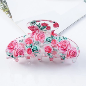Floral print acrylic hair claw clip with pink roses for women's elegant hair styling