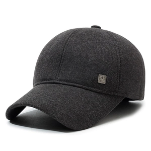 Men's dark grey winter baseball cap with ear flaps and thick wool blend warm texture