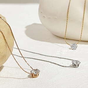 Minimalist titanium steel necklace with sparkling round zircon pendant in three metal colors