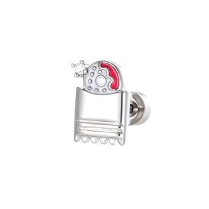 Silver square cartilage stud earring with red enamel, round cutout and clear gemstone