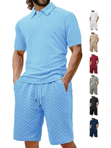 Detail view of summer polo set showing textured jacquard fabric and herringbone pattern