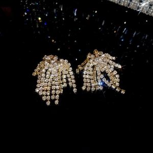 Detailed view of glittering golden rhinestone tassel earrings with a cascading fringe design