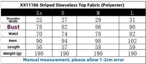 Tabella delle taglie per top smanicato a righe da donna con misure e dimensioni precise