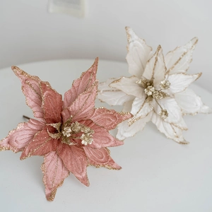 Velvet artificial Poinsettia flower in pink and white with gold glitter for Christmas decor