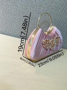 Pink satin evening tote bag with crystal flower accents and gold metal handles 23x19x6cm
