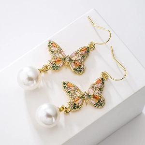 Elegant butterfly drop earrings in 18K gold plating with colored zircon and pearls