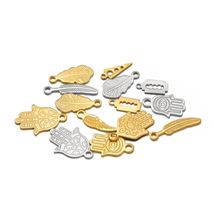 Mixed set of gold and silver stainless steel charms featuring Hamsa hand and feathers