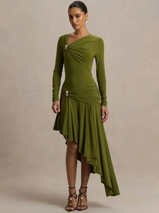Detail of olive green ruched dress featuring a golden metal ring and asymmetrical hemline