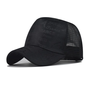 Classic black mesh trucker hat with France Paris embossed letters and breathable back