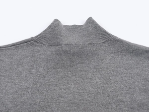 Close-up of mock neck design with ribbed knit texture on a gray women's sweater