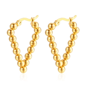 French style 18K gold plated stainless steel triangle earrings with polished golden beads