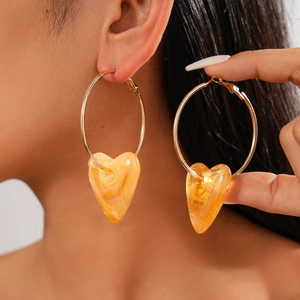 Fashion Retro Heart Pendant Hoop Earrings With 925 Sterling Silver Earring Post Acrylic Marble Jewelry For Women