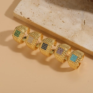 Vintage Geometric Square Zirconia Open Ring Luxury Braided Texture Gold Plated Copper Adjustable Finger Ring For Women Jewelry