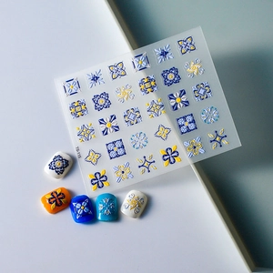 5D embossed Mediterranean Azulejo nail stickers with blue and yellow floral tile designs