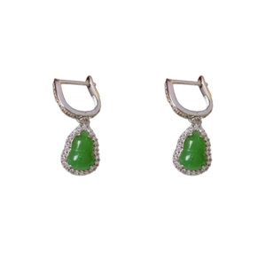 New Chinese style gourd drop earrings with green zircon in polished silver finish