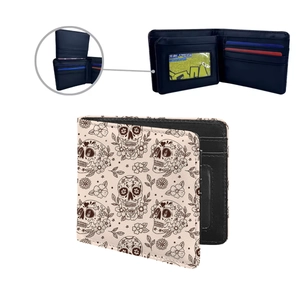 Mens PU leather wallet with vintage rose skull print showing exterior and interior slots
