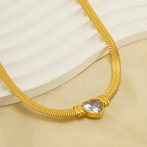 18K gold plated herringbone chain necklace with sparkling heart zircon pendant