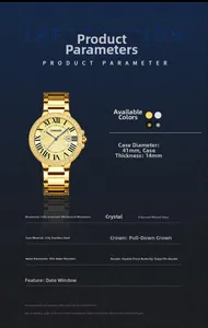 Macro detail of gold-tone stainless steel automatic watch showing bezel with inset crystals