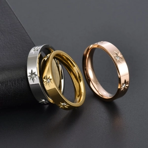 Set of 18K gold plated stainless steel sunburst rings with crystals in three colors