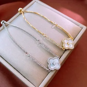 Four Leaf Clover Bracelet Copper With Zirconia And Mother Of Artificial Pearl Adjustable Slider Buckle Elegant Jewelry For Women