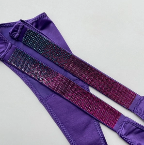 Detail of purple straps with sparkling gradient rhinestones for sexy fitness thong underwear