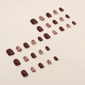 Dark cherry red press-on nails with hand-painted tulips and gold foil marble design