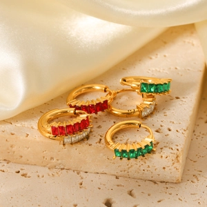 Huggie Hoop Earrings Stainless Steel 18K Gold Plated Baguette Cut Cubic Zirconia Geometric For Women