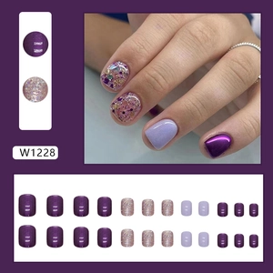 Short aurora purple press-on nails set with glitter and cat-eye finish 24pcs W1228
