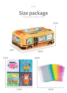 Detailed size specifications for school bus tissue box toy and colorful fabric tissues