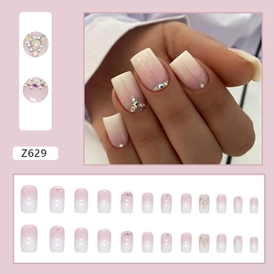 Square gradient pink press-on nails with rhinestone accents and glossy finish Z629
