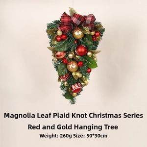 Detailed Christmas teardrop swag featuring red plaid bow and decorative gold baubles