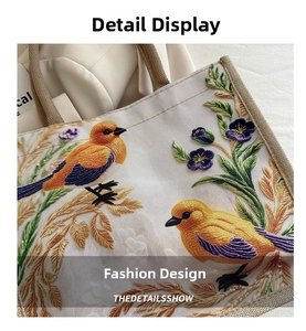 Makro-Detail der Vogel- und Blumenstickerei auf cremefarbener Canvas-Tasche mit Seilgriffen