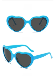 Detailed views of sky blue heart-shaped sunglasses with dark grey lenses in various angles