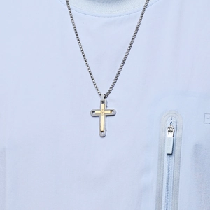 Two-tone gold and silver stainless steel cross necklace with inlaid diamonds for men