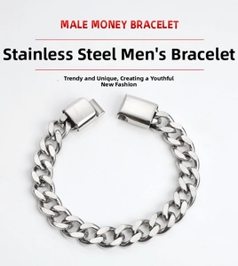 Close-up of polished stainless steel Cuban link bracelet with secure square clasp for men