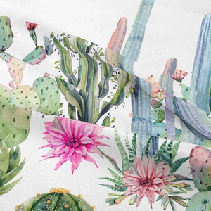 Detailed macro view of woven fabric texture with watercolor cactus and floral prints