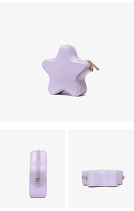 Detailed multi-angle view of a lavender star-shaped PVC bag with gold zipper and glossy finish
