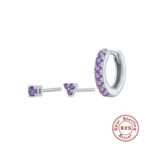 Macro view of 925 sterling silver earring set featuring purple cubic zirconia stones