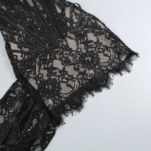 Détail de dentelle florale noire avec bordure cil et bandes de satin verticales sur robe
