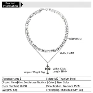 Double-layered stainless steel necklace featuring a cross pendant and chunky cuban chain link