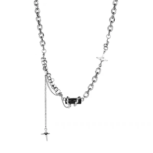 Multilayered silver titanium steel necklace with black gemstone and cross star charms