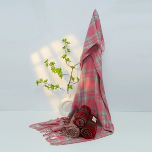 Pink and red plaid winter scarf with tassels and cozy checkered patterns for holiday gift