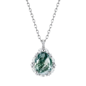 S925 silver necklace with green moss agate teardrop pendant and crystal accents