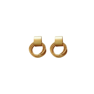 Golden irregular droplet heart earrings with layered wire hoops and geometric design