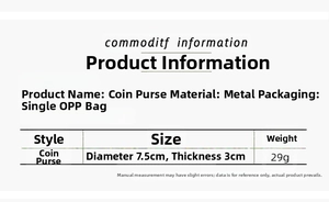 Detailed size chart for the Christmas coin purse featuring material and weight details