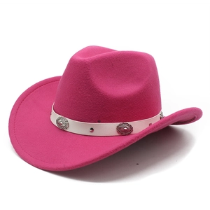 Rose red western cowboy felt hat featuring a white ethnic band with silver stud accents