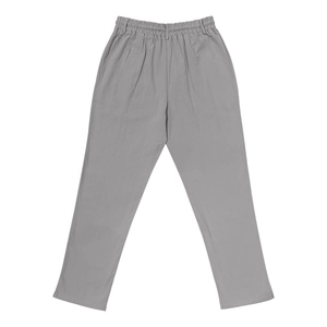 Detailed view of gray linen trousers featuring elastic drawstring waist and button accents