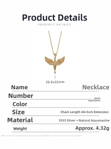 Detail of S925 silver angel necklace with natural aquamarine pendant dimensions 26.6x22mm