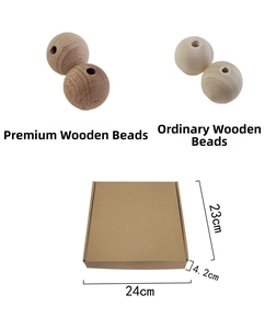 Detail of premium vs standard DIY wooden beads with storage box dimensions shown